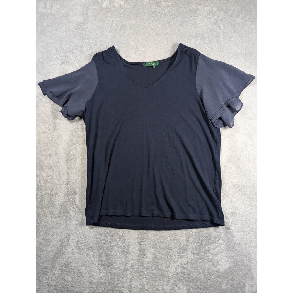 Lauren Ralph Lauren Womens Top Plus Size 2X Navy Flutter Sleeve V-Neck Blouse